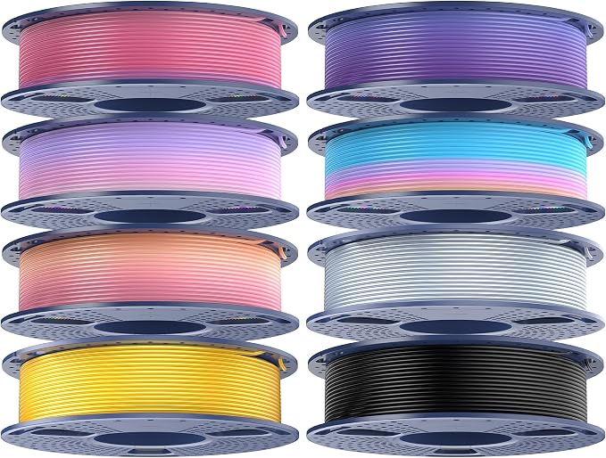 TECBEARS Silk Rainbow PLA+ 3D Printer Filament Bundle for Bambu 3D Printers | Fast Color Change Each 8 Meters, Silky Glossy PLA Plus, 250g Spool, 8 Rolls, 2kg Total, Individually Vacuum Packed