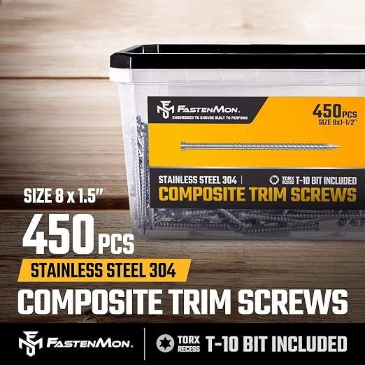 Composite Trim Screws, #8 x 1-1/2” Stainless Steel 304, 450pcs | Hidden Fastener For PVC & Wood, Outdoor Deck, Exterior & Finish Fasteners, Rust-Resistant, T-10 Star Drive, 2lbs