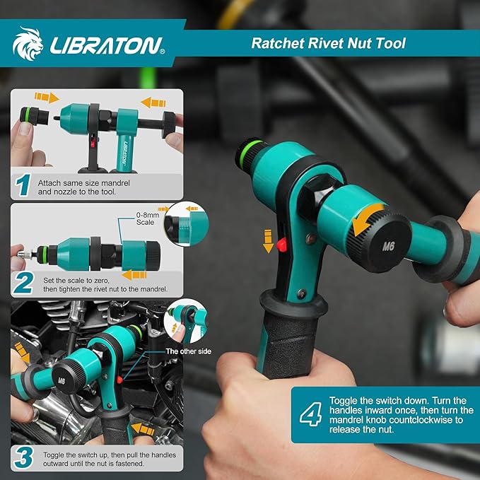 LIBRATON Rivet Nut Tool, Rivnut Tool, Professional Ratchet Nutsert Tool Kit, Nutsert Gun Kit with 10 SAE and Metric Mandrels, 100PCS Rivet Nuts, Rugged Carry Case, Insert Tool Kit for Automotive