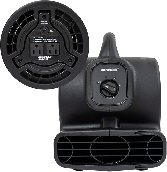 XPOWER P-80A Mini Mighty 138 W 600 CFM Centrifugal Air Mover, Carpet Dryer, Floor Fan, Blower, Stackable, Daisy Chain, for Water Damage Restoration, Janitorial, Plumbing, Home Use, Black