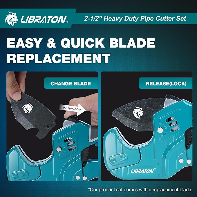 Libraton PVC Pipe Cutter, Up to 2-1/2", Ratchet Pipe Cutter Tool for PEX, PVC, PPR Plastic Hoses Plumbing, Heavy-Duty Pipe Cutter with Deburring Tool Replacement Blade, 2 Adjustable Cutting Ranges