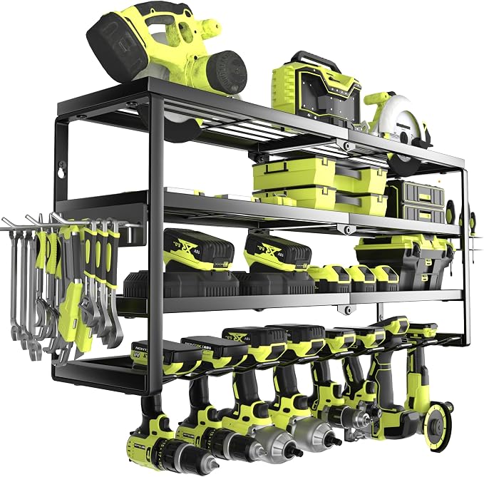 MOOMSINE 4 Layer Power Tool Organizer Wall Mount, Battery Tools Holder with Charging Station Shelf, Cordless Drill Hanger Storage Rack for Garage Organization, Workshop, Pegboard - 32 Inch 8 Slots