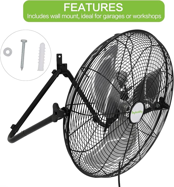 hykolity 20" High Velocity Floor Fan, 3-Speed 4650 CFM Heavy Duty Industrial Metal Shop Fan with Wall-Mounting System, Ideal for Commercial, Garage, Greenhouse and Gym