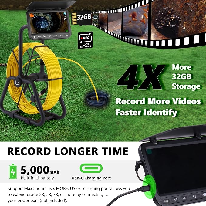 𝟐𝟎𝟐𝟓 𝐍𝐞𝐰 7” Sewer Camera, HD 1080P w/DVR-32GB, [NEW 1s Twist-to-Unlock System] Plumbing Snake Pipe Inspection Camera, [Thicker Cable Reel] Drain Camera, 5000mAh, [360°+180° Rotate] 100ft/30m