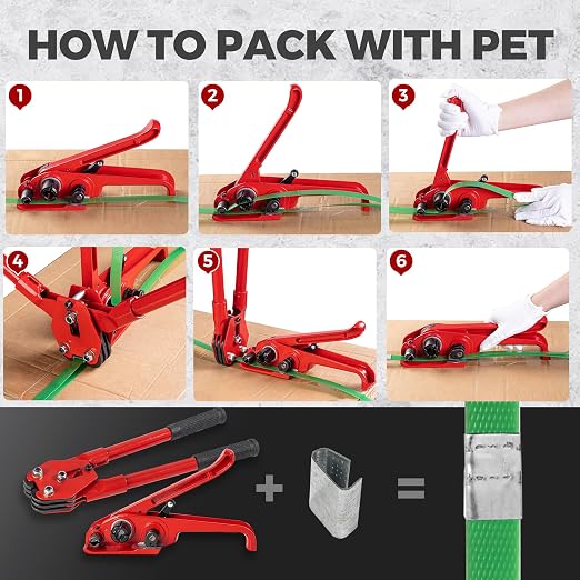 Pallet Banding Strapping Kit, Packaging with Green 5/8" x 1000 Ft PET Strap | 1480 lbs Break Strength Heavy-Duty PET Strapping, Tensioner & Sealer Tool, 100 Metal Seals, For Shipping, Bundling & Cargo