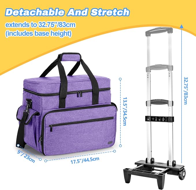 Teamoy Rolling Scrapbook Tote with Detachable Wheels, Rolling Craft Bag with Bottom Wooden Pad, Scrapbook Storage Bag for Women, Purple