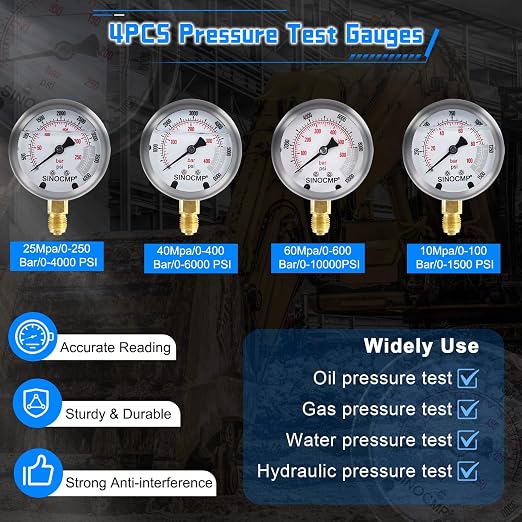 Hydraulic Pressure Gauge Test Kit, 4 Pressure Gauges, 4 Test Hoses, 10 Couplings, 3 Tee Connectors for Excavator Construction Machinery(Gold)