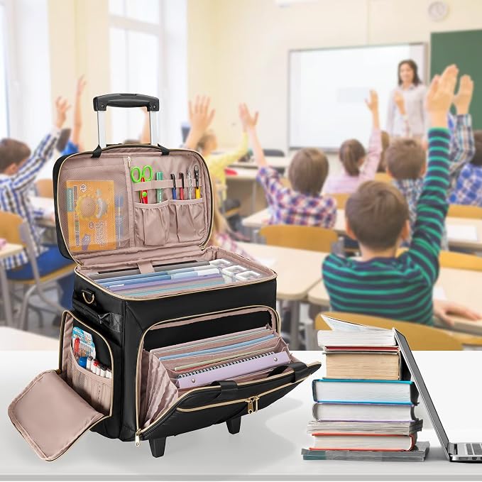 Rolling Teacher Bag with Wheels, Teacher Tote Bag with Detachable Trolley, Fits for 15.6" Laptop(Patent Design)