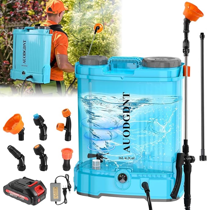 Battery Powered Backpack Sprayer 4 Gallon with Auto-Mixing System, 2 Spray Wands (Stainless Steel & Fiberglass), 100 PSI Electric Sprayer with 21V 2.6Ah Battery & 6 Nozzles, for Weeding, Spraying
