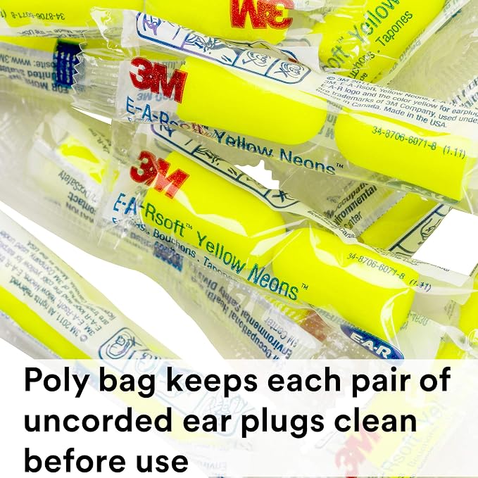 3M Ear Plugs, E-A-Rsoft Yellow Neons 315-1250, 200 Pair of Disposable Earplugs, Pairs Individually Wrapped, Regular Size, Uncorded, 33 NRR, Tapered Cylinder Shape, Slow Recovery Foam (Pack of 10)