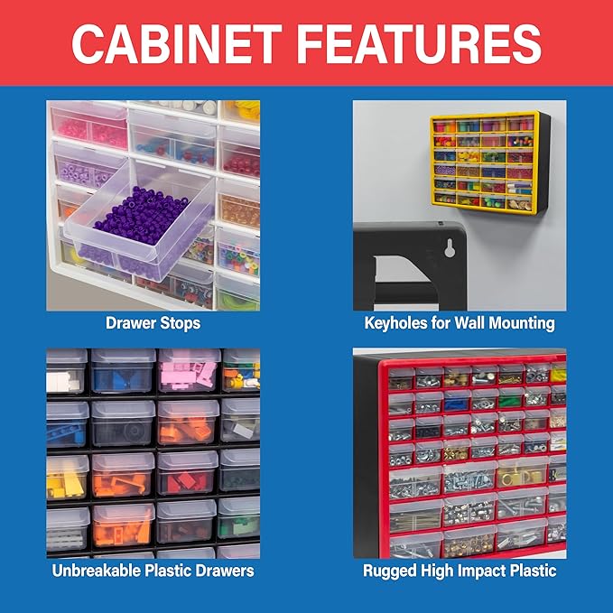 Akro-Mils 16-Drawer Plastic Drawer Storage Cabinet for Garage Organization, Beads, Makeup Organizer, Building Bricks Storage, Teacher Toolbox, 10-1/2" W x 6-1/2" D x 8-1/2" H, 10116 White