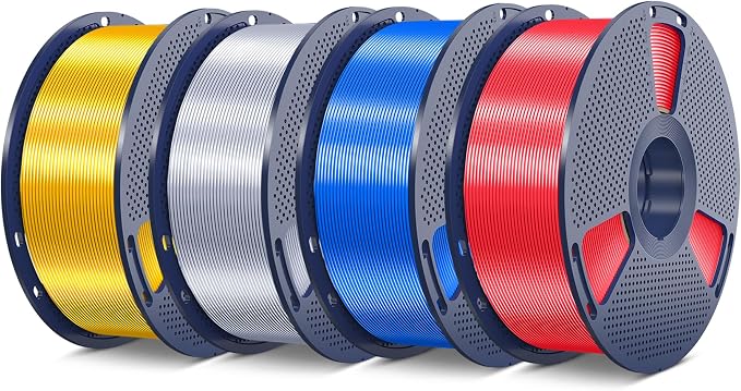 SUNLU Silk PLA Plus Filament 4kg Bundle,Shiny Silk Surface PLA+ 3D Printer Filament 1.75mm ±0.02mm,Glossy 3D Printing Filament,Good Vacuum Packaging,1kg Spool,4 Packs.(Silver+Light Gold+Blue+Red)