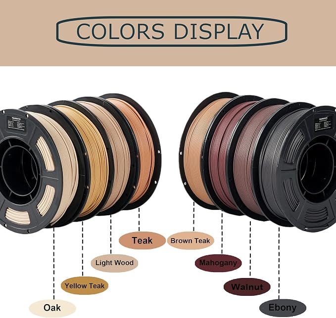 Wood PLA 3D Printer Filament Bundle 1.75mm, Over 30% Real Wood Fiber, 8 Pack 250g Mini Spools 2kg Total - Walnut, Ebony, Oak, Mahogany, Light Wood, Teak, Yellow Teak, Brown Teak