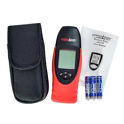 eH710T Moisture Meter by ennoLogic – Digital LCD Pin Type with 7 Material Settings for Wood, Cement, Mortar, Brick, Drywall, Carpet – Backlight, Hold, Max/Min, Air Temperature, and Holster