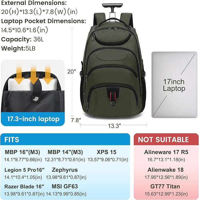 Boavan Rolling Backpack,17 inch Water Resistant Wheeled Backpack,Carry on Luggage Business Bag, Overnight College Computer bag Trolley Suitcase for Men Women Adults to Travel，Green