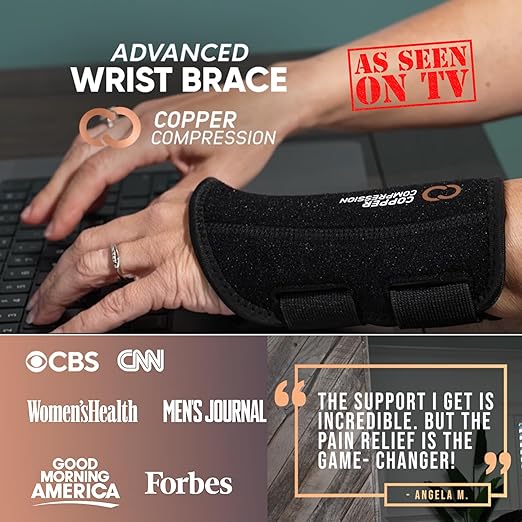 Copper Compression Wrist Brace - Copper Infused Adjustable Orthopedic Support Splint for Pain, Carpal Tunnel, Arthritis, Tennis Elbow, Tendinitis, RSI, Ganglion Cyst for Men Women - Left Hand - S/M