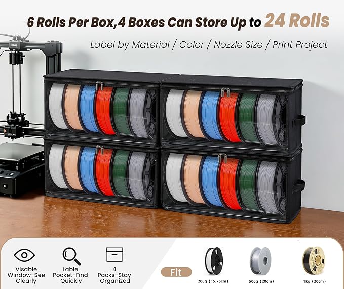 Filament Storage Box, 4 Packs Hold Up to 24 Rolls | 3D Printer Filament Storage Container with Front Support Frame, Desiccant, 3D Printer Accessories for Home, Office, Studio