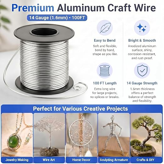 Therwen 100ft 14 Gauge Stainless Steel Wire for Gardening, Electroculture, Bonsai, Jewelry Making Beading DIY Craft Pure Bare Stainless Steel Wire Spool