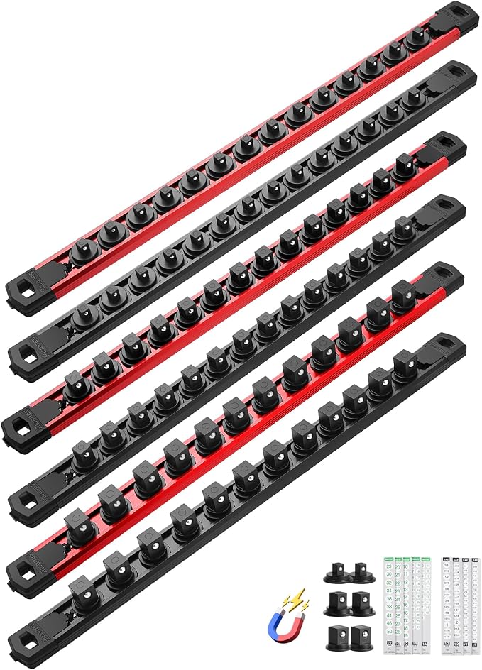 ALOANES Magnetic Socket Organizer Set, 6PC Heavy Duty Aluminum Socket Holder Organizer, 360° Swivel Clips Socket Holder Kit for Toolbox Drawer Fit 1/2, 3/8, 1/4-Inch x 80 Clips (Red&Black, 6PC)