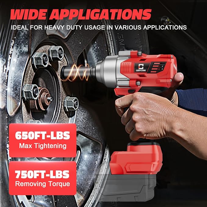 Cerycose Cordless impact Wrench 1/2 inch Compatible with Milwaukee 18v Battery, 750FT-LBS (1000N.m) Brushless Electric Impact Gun with LED Work Light & 6 Sockets, High Torque Impact Driver, Bare Tool