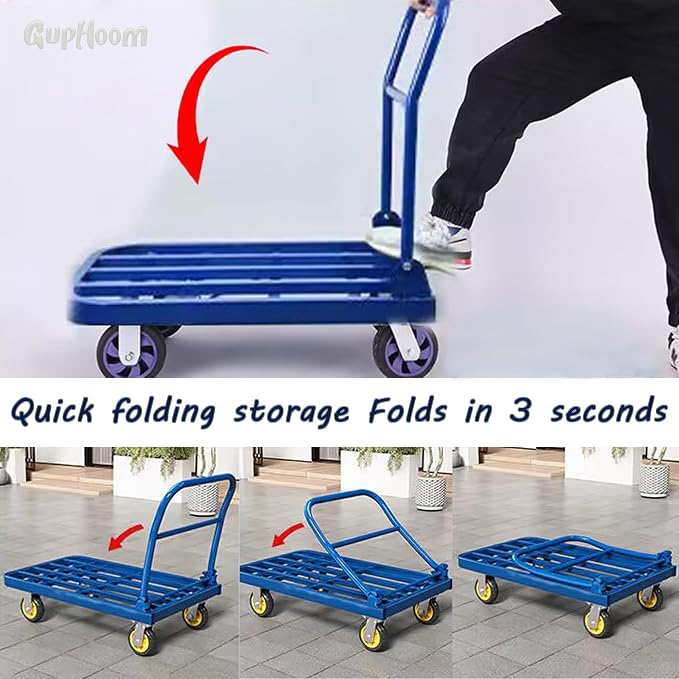 Folding Platform Hand Truck Cart Heavy Duty Car Flatbed Caster with 360 4''Wheels Easy Pull Push Moving 75 X 50 CM