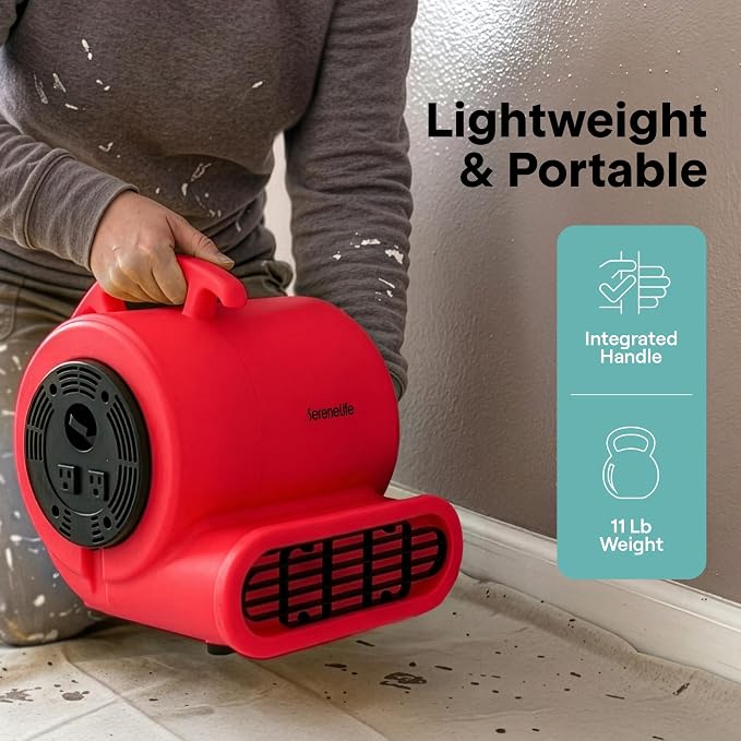 SereneLife Air Mover Blower Fan 1000 CFM – Powerful High Performance 3-Speed Fan for Floor & Carpet Drying, Portable Floor Fan w/Adjustable Tilt, Plug Multiple Units for Home Garage & Restoration Use