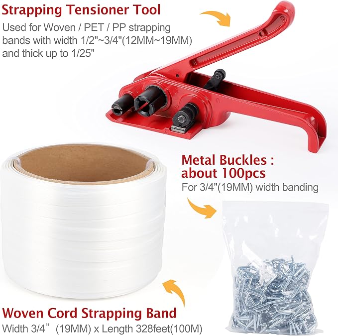 Woven Cord Banding Strapping Kit - Woven Strapping Kit Poly Pallet Packaging Banding Tool Strapping Tool Strapping Tensioner, Woven Roll 3/4"*328Ft, 100pcs Steel Buckles, Reusable Flexbale Package