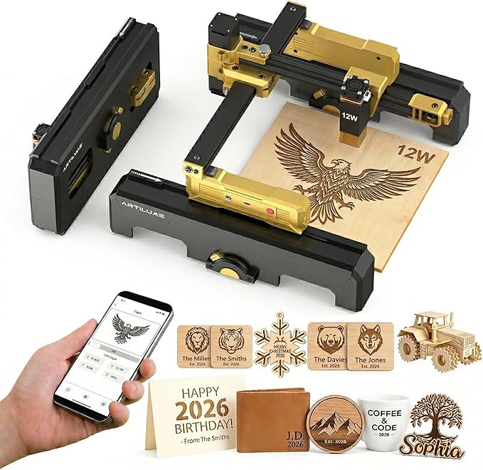Artilume T1 Foldable Laser Engraver 12000mW with APP Control & Riser Protective Cover, 0.01mm Precision, 150 * 200mm Working Area, Engraves Wood Leather Acrylic, Ideal for Beginners & Small Business