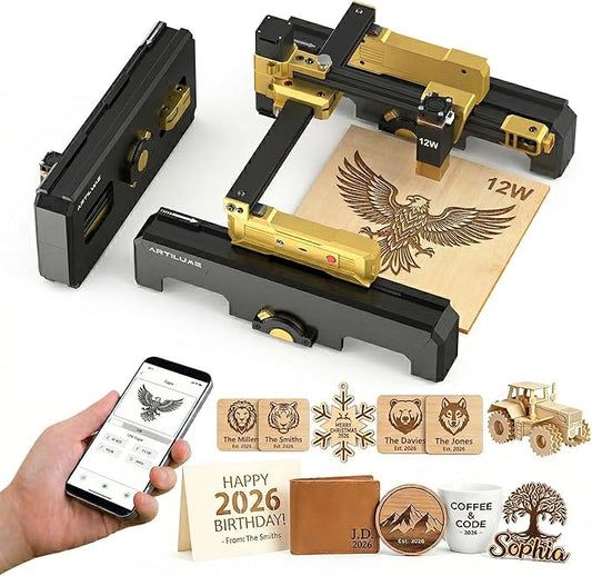 Artilume T1 Foldable Laser Engraver 12000mW with APP Control & Riser Protective Cover, 0.01mm Precision, 150 * 200mm Working Area, Engraves Wood Leather Acrylic, Ideal for Beginners & Small Business