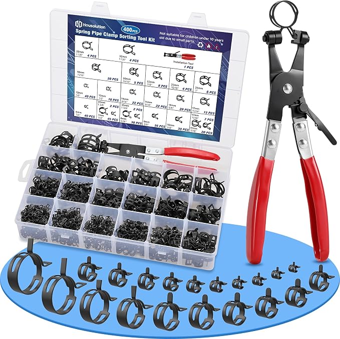 Housolution 400PCS 6-35mm Spring Hose Clamps, 20 Sizes Spring Pipe Clamps with Hose Clamp Pliers, Pipe Clamp for Automotive, Fuel Lines, Silicone,Vacuum Hoses and Mechanical Applications
