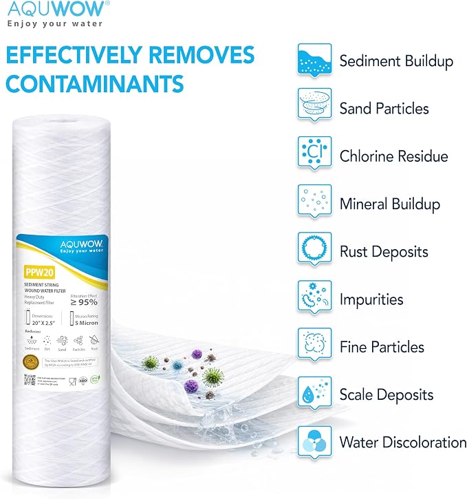 PPW20 5 Micron 2.5" x 20" String Wound Sediment Filter Set – Replacement Cartridges for Whole House & Under Sink Systems, Durable Depth Filtration (6, 20 x 2.5)