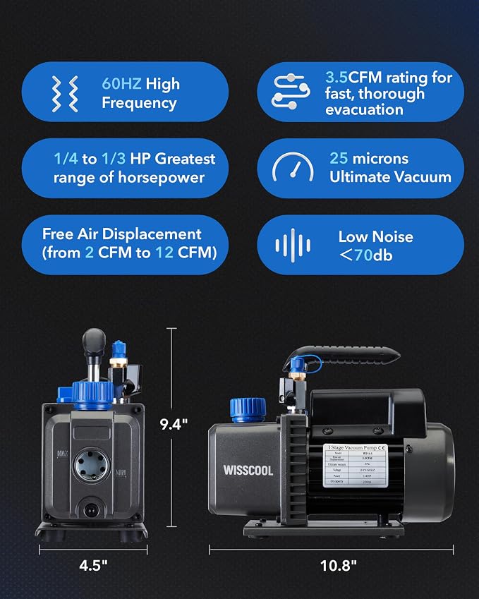 Wisscool 3.5CFM AC Vacuum Pump and 3 Way Gauge Set, 110V 1/4 hp HVAC Air Vacuum Pump Manifold Gauge Kit with 3 Hoses Adapters Accessories Carry Bag for R134a R12 R22 R502 Refrigeration Auto Systems