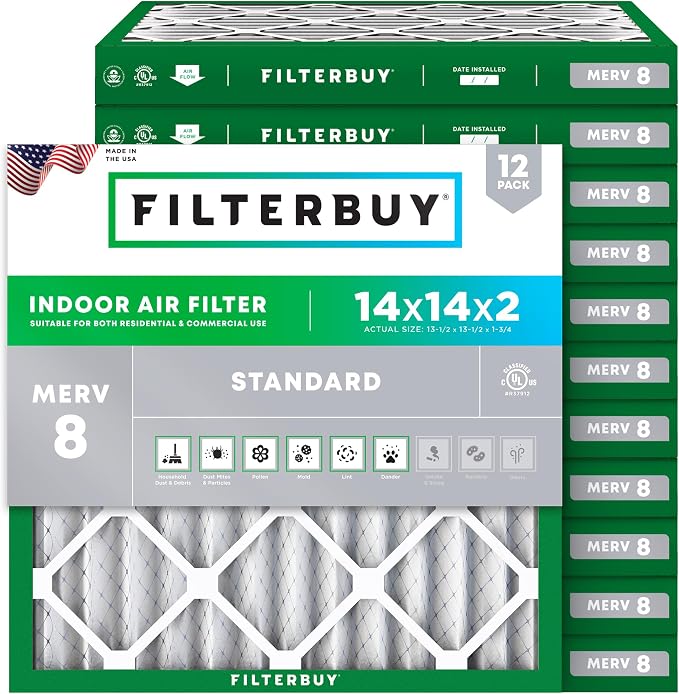 Filterbuy 14x14x2 Air Filter MERV 8 Essential Dust & Allergy Defense (12-Pack), Electrostatic Pleated HVAC AC Furnace Filters Replacement, Made in USA (Actual Size: 13.50 x 13.50 x 1.75)