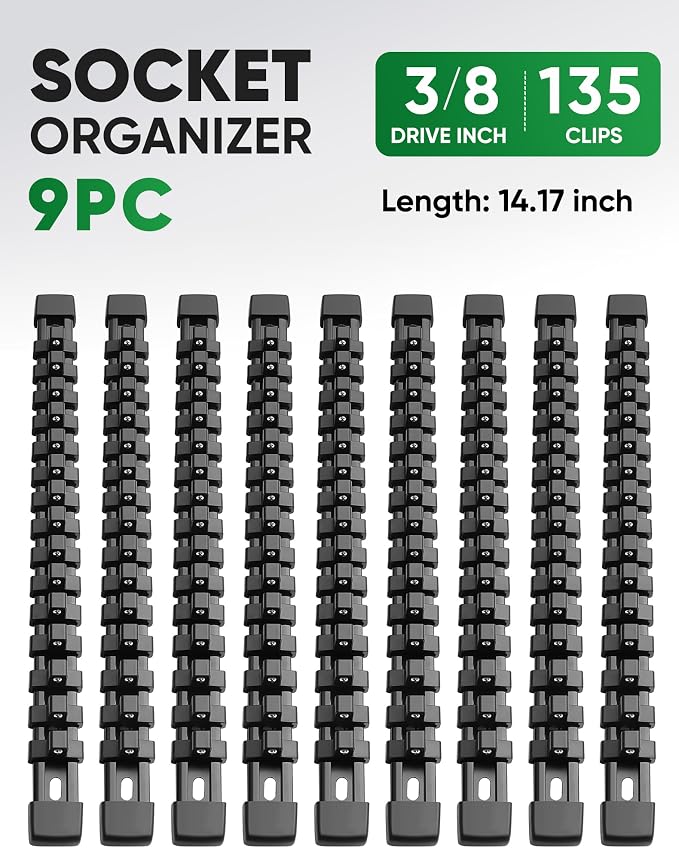 ALOANES 9PC ABS Socket Organizer, Socket Rails Fit 3/8 inch Drive | Heavy Duty Socket Holders Hold up 135 Sockets for Toolbox Drawer Bags(Black)