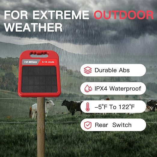 10 Mile Solar Fence Charger 0.18J Electric Fence Energizer with Day Night Mode 24-Hour Protection Red