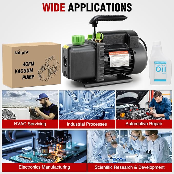 Nilight 4 CFM Vacuum Pump HVAC, 1/3 HP 110V Single Stage AC Vacuum Pumps Kit for R22 R404a R134a R410a, 5 Pa Ultimate Vacuum for Auto Air Conditioning Servicing Refrigerant Recharging, Oil Included