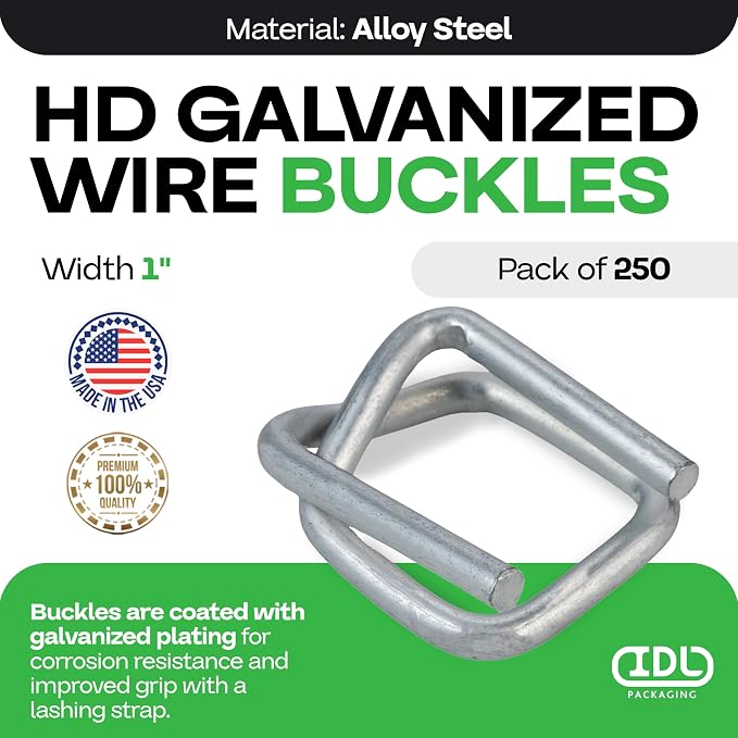 Cord Strapping Buckles 1", Pack of 250 - Heavy-Duty Wire Buckles with Galvanized Coating for Соmposite Cord Strapping - Reusable and Superior Breaking Strength Metal Buckle by IDL Packaging