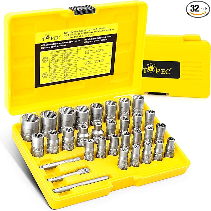 Topec 32PCS Bolt Extractor Kit, Stripped Bolt Extractor Socket Set, 6mm-19mm (1/4" to 3/4") Rounded Bolt Remover, Easy Out Bolt Extractor Set for Broken Bolt Nuts