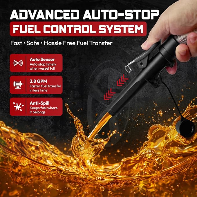 MAYALEAD Automatic Electric Fuel Transfer Pump, 3.8 GPM Portable Gas Can Pump, 51" Extra Long Hose, Battery or USB Powered, 4 Size Adapters with Leak Protection for Gasoline, Diesel, Kerosene, Oil