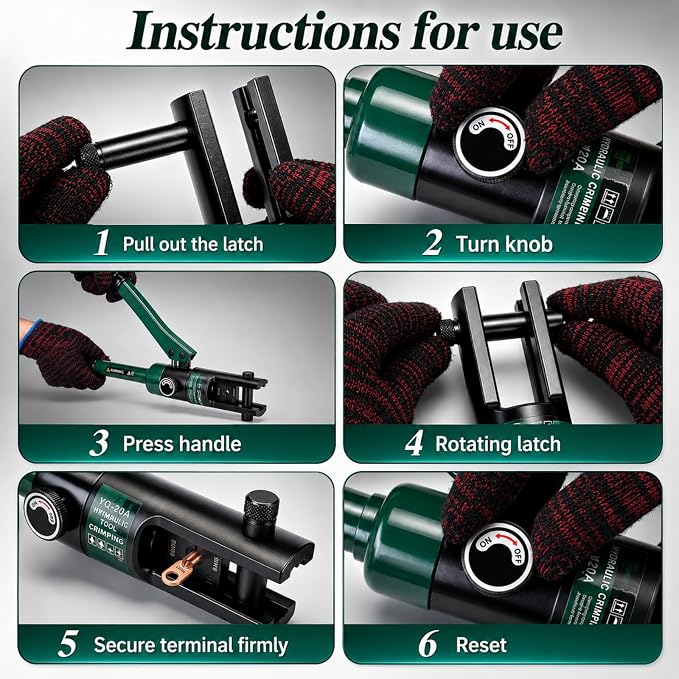12 Ton Hydraulic Crimping Tool, 6AWG-4/0AWG (250MCM) Battery Cable Lug Crimper with 8 Pairs of Dies, Industrial Grade Hydraulic Wire Terminal Crimping Tool