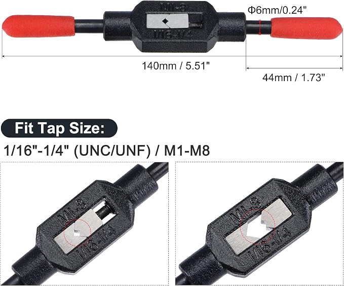 uxcell Adjustable Tap Wrench Handle for 1/16"-1/4" (UNC/UNF) / Metric M1-M8 Taps, Thread Tap Holder Reamer Hand Tapping Tool for Machinist Repair with Plastic Dipped Handle