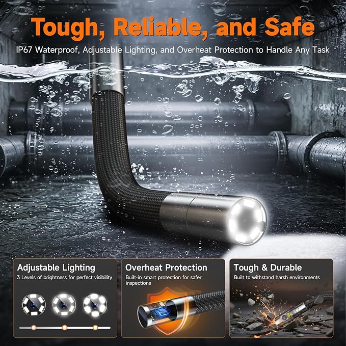 FOXWELL Dual Lens Two-Way Articulating Borescope, 1080P Endoscope Camera with Light, IPS HD Screen, IP67 Waterproof, 5.3FT Flexible Semi-Rigid Snake Scope for Automotive Engine Pipe Home Inspection