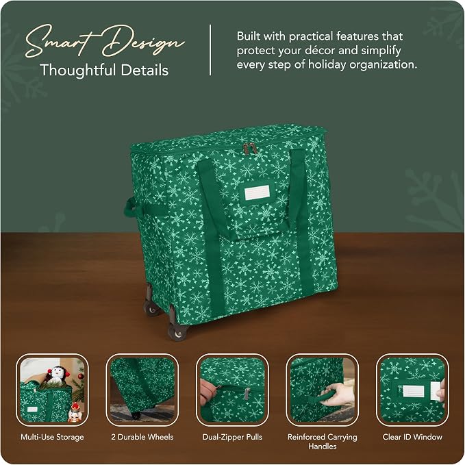 Covermates Keepsakes Rolling Treasurekeeper Storage Bag – Heavy-Duty Polyester with Dual Wheels & Handles – Protects Holiday Decorations with ID Window & Dual Zipper Access, Green Snowflake