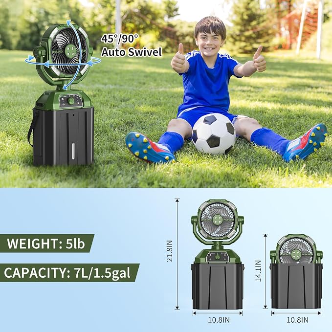 Portable Misting Fan Rechargeable for Hot Weather - 9-inch Auto Swivel Camping Fan with 25000mAh USB Battery as Power Bank, Outdoor fan with 4 Mist Cooler, 7L Bucket for Patio,Yard,Beach,Golf (Green)