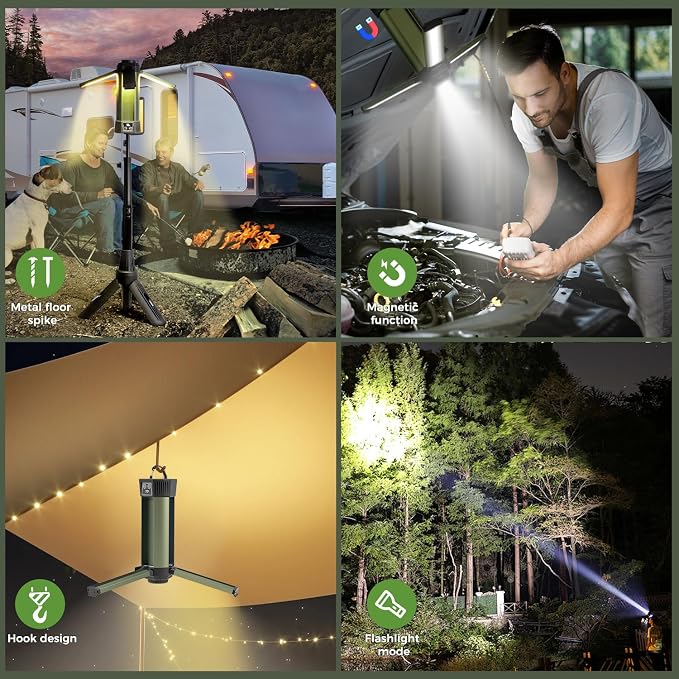 Rechargeable Work Light with Stand, Magnetic Base, Hook & Tripod (Middle) | 6000mAh battery, Telescopic tripod, Magnetic base, Hanging hook, 3 metal floor spikes, Storage bag, Camping