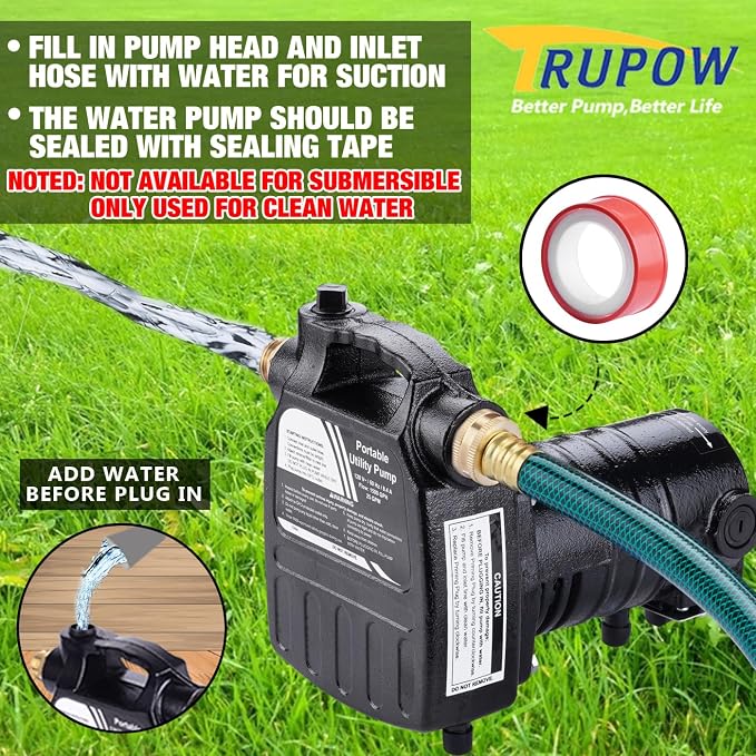 TRUPOW 1/2HP 1450GPH 115-Volt Cast Iron Portable Electric Power Utility Transfer Water Pump with Carbon Brush, Filter, Brass Connectors, for Garden, Rain Barrel, Pool, Pond, Hot Tub, Aquarium Draining