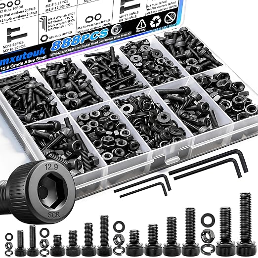 mxuteuk 888PCS Metric Screws Assortment,M4 M3 M2.5 M2 Screws Kit, Suitable for 3D Printing DIY, Grade 12.9 Alloy Steel Hex Socket Head Cap Bolts Nuts and Washers Kit, Black Zinc Plated