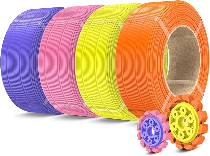 SUNLU PLA+2.0 3D Printer Filament Refill 1.75mm, 4 Packs, 4KG | Stronger PLA+ Filament, No Spool Refill, Compatible with Bambu Lab 3D Printers, Sunny Orange+Yellow+Pink+Lavender Purple