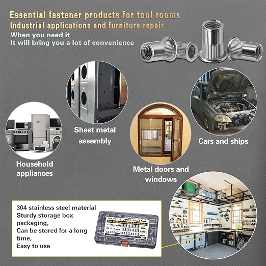 ASKWAY Stainless Steel Rivet Nut Kit 210Pcs 304 Stainless Steel Pressure Rivet Nut Combination, Suitable for Furniture, Decoration, Automobile, Marine and Industrial Applications