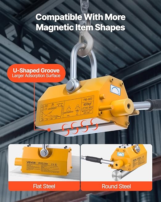 VEVOR Permanent Magnetic Lifter, 1320 lbs Pulling Capacity, Heavy Duty N42 Neodymium Lifting Magnet with Release Handle and Steel Hook, Used in Shop Crane and Hoist, for Lifting Plate Steel, Board